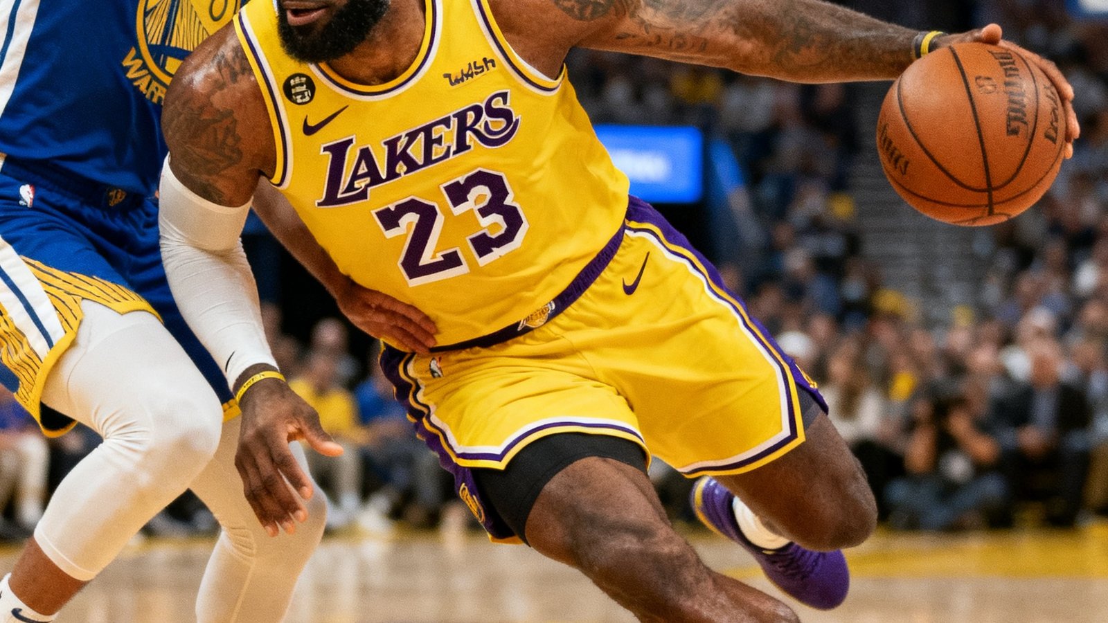NBA赛场上湖人队与勇士队激烈对抗，詹姆斯突破上篮的瞬间特写画面