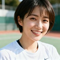一位短发女性体育爱好者头像，身穿白色运动T恤，面带微笑看向镜头